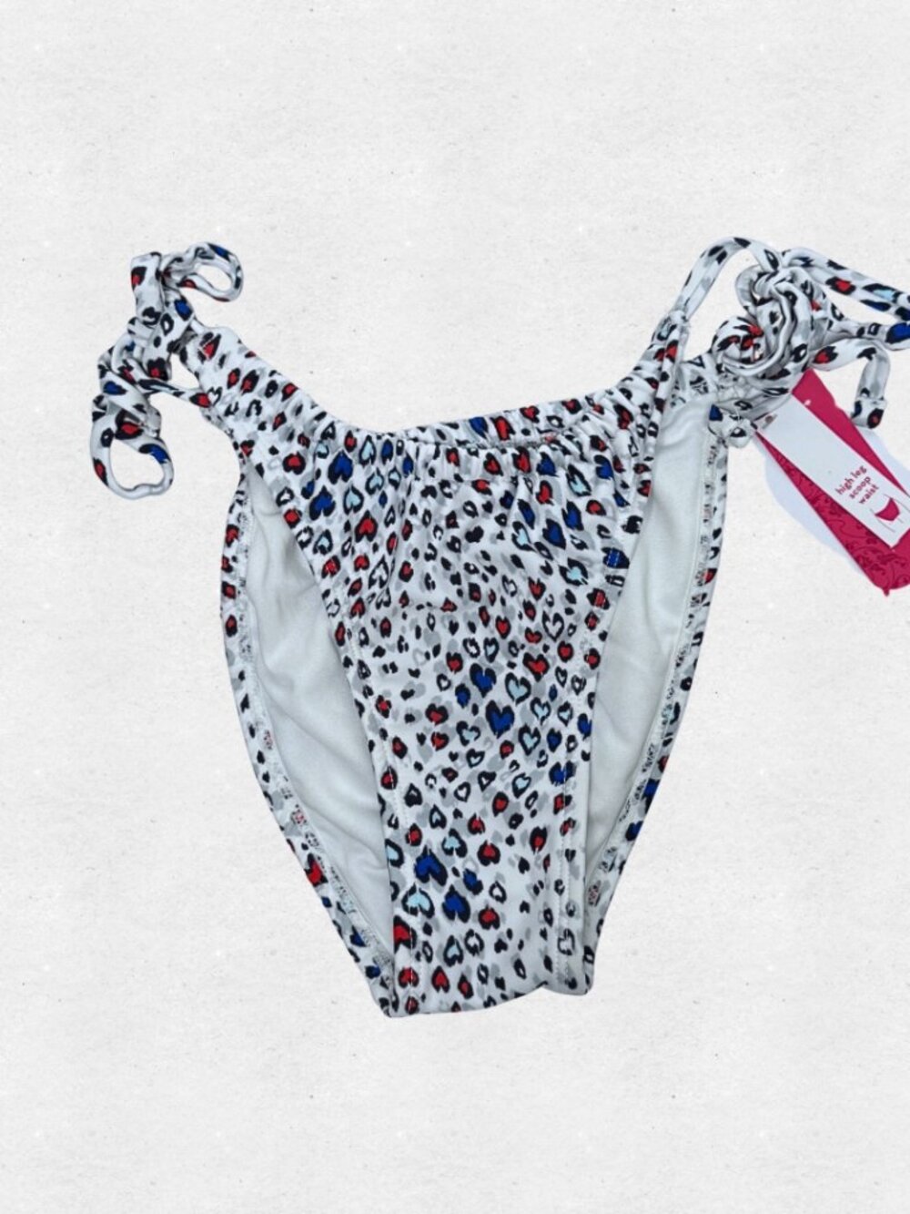 Cheeky Cheetah Heart Print String Bikini Bottoms Medium High Leg Scoop Waist